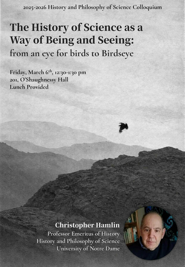 Christopher Hamlin, a Notre Dame professor, in a circular photo over grayscale misty mountains and a flying bird.